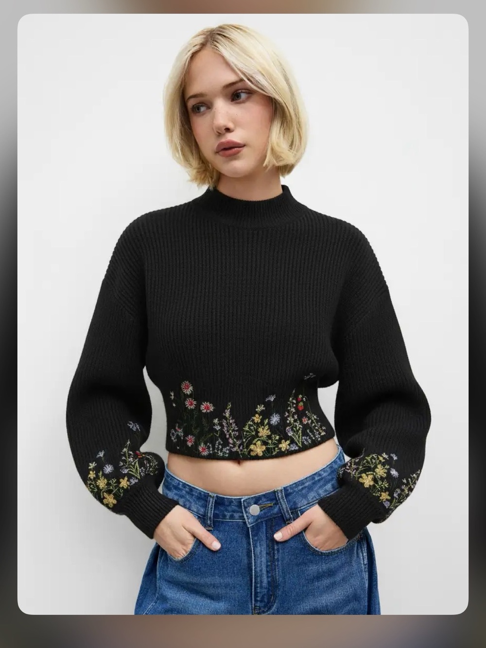 KNIT HIGH NECK FLORAL EMBROIDERY CROP TOP M WC13-16